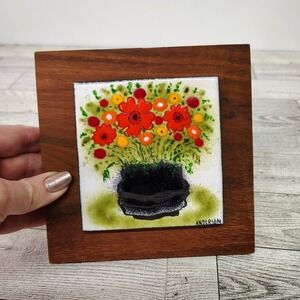 Anderson Floral Tile Art Wood Frame Wall Decor Signed Vtg Home Decor 5"‎ Square